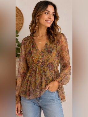 166 Anthropologie Sheer Floral Boho Peplum Blouse Mustard Pink Mesh Top Small